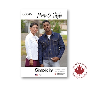 May include: A Simplicity sewing pattern featuring a denim jacket and white jacket. The pattern cover has the text "S8845 Mimi G Style" and includes a photo of a man and woman wearing the jackets. The Simplicity logo and a Canadian maple leaf are also visible.