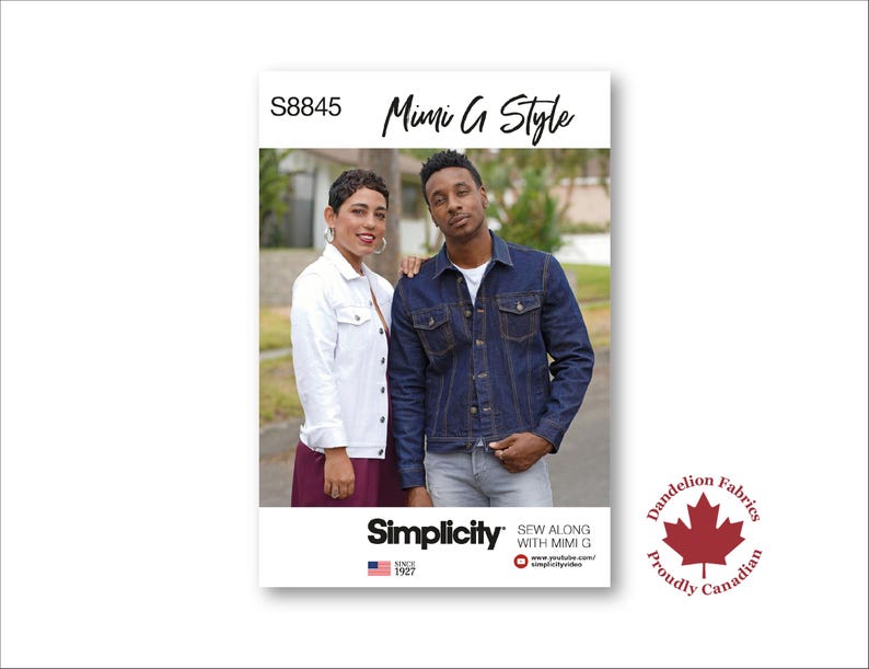 May include: A Simplicity sewing pattern featuring a denim jacket and white jacket. The pattern cover has the text "S8845 Mimi G Style" and includes a photo of a man and woman wearing the jackets. The Simplicity logo and a Canadian maple leaf are also visible.