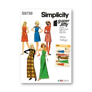 May include: Vintage Simplicity sewing pattern number S9739, titled "Super Jiffy" and featuring a 1970s style dress with a variety of colour and pattern options. The pattern includes one main pattern piece, is easy to cut and sew, and is labelled "1970s Vintage".