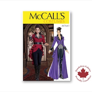 May include: McCall's Costumes pattern M7641. The pattern features two costume designs. One is a red jacket with a black belt and pants. The other is a purple coat with black pants. The image includes the Dandelion Fabrics logo.