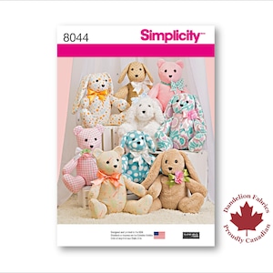 May include: Simplicity sewing pattern 8044 featuring stuffed animal designs. The pattern includes instructions for making various plush toys, including bunnies and bears, in different colors and patterns. The cover displays the finished products.
