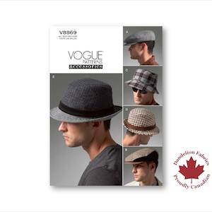 May include: Vogue Patterns accessories pattern V8869 featuring various hat styles. The image shows a fedora, a flat cap, a bucket hat, and a cloche hat. The hats are in different colors and patterns, including gray, plaid, and houndstooth.