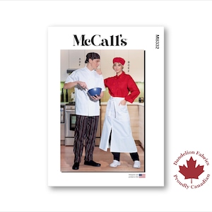 May include: McCall's sewing pattern M8332 showing chef attire. The pattern cover displays two people in chef uniforms: one in a white jacket and striped trousers, the other in a red shirt and white apron. The Dandelion Fabrics logo is in the bottom right.