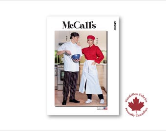 May include: McCall's sewing pattern M8332 featuring chef attire. The pattern cover shows two people wearing chef uniforms: one in a white jacket and striped pants, the other in a red shirt and white apron. The Dandelion Fabrics logo is in the bottom right.