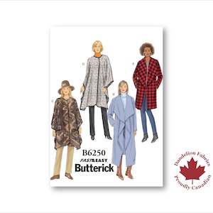 May include: A sewing pattern sheet featuring four different coat and cape designs. The pattern is labeled B6250, with the Butterick logo. The image includes a red maple leaf logo with the text "Dandelion Fabrics" and "Proudly Canadian".
