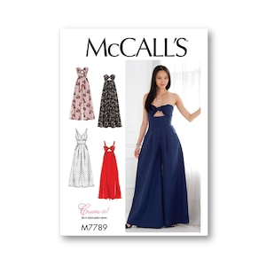 May include: McCall's sewing pattern M7789 for a wide-leg jumpsuit with a cutout detail and a bow at the neckline. The pattern includes four different variations of the jumpsuit, shown in floral, polka dot, red, and navy blue.