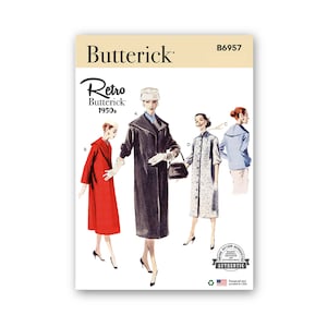 Vintage Coat Pattern- Retro Butterick 1950s- Striaght fitting coat with cape collar and length variations- Sizes 6-24- B6957