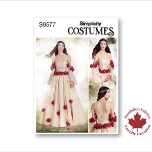 May include: Simplicity S9577 Costumes pattern for a long, off-the-shoulder gown with a fitted bodice and a full skirt. The gown is decorated with red roses and has a corset back. The pattern is proudly Canadian.
