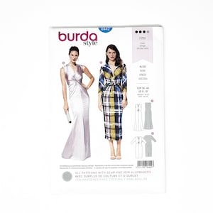 Op de afbeelding: Burda Style naaipatroon 6442 voor een jurk. Het patroon bevat instructies voor het maken van een lange, zilveren jurk met een twistdetail aan de voorkant en een kortere, geruite jurk met een strikceintuur. Het patroon is voor maten EUR 34-44, US 8-18.