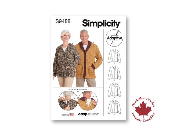 Back Closure Cardigan- Simplicity Pattern- Adaptive design, back velcro closure, pockets, larger neck opening- Sizes XS-XL- S9488