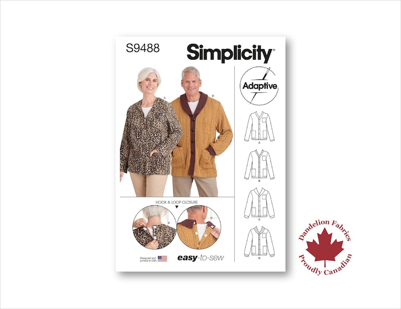 May include: Simplicity S9488 sewing pattern featuring adaptive clothing designs. The pattern includes illustrations of jackets with hook and loop closures. The image shows a woman in a leopard print jacket and a man in a brown cable knit cardigan.