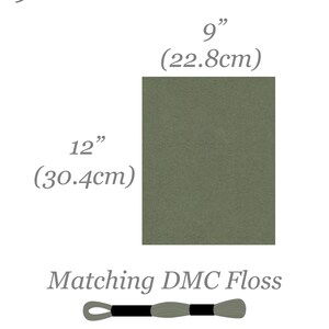 May include: A 9x12 inch piece of green fabric with matching DMC floss for hand sewing. The fabric measures 9 inches by 12 inches, or 22.8 cm by 30.4 cm.