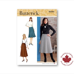 May include: A Butterick sewing pattern featuring illustrations of skirts. The pattern includes a variety of skirt styles, with a focus on a-line and midi lengths. The image also includes a woman wearing a gray and white skirt.