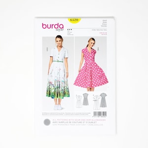 Flared Dress Pattern- Burda Pattern- Dress with fitted bodice, buttons, convertible collar, pocket, and flared skirt- Sizes 8-20- 6520