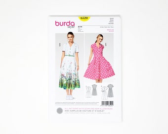 Flared Dress Pattern- Burda Pattern- Dress with fitted bodice, buttons, convertible collar, pocket, and flared skirt- Sizes 8-20- 6520