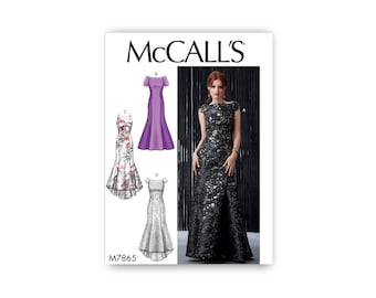 Fit and Flare Dress- McCall&#39;s Pattern- Floor length,  body hugging, cap sleeves, boat/bateau neckline, train variation - Sizes 6-22- M7865