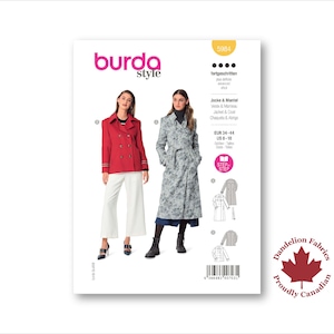 May include: A Burda Style sewing pattern showing a red double-breasted jacket and a floral print trench coat. The pattern includes instructions for jackets and coats, with sizes ranging from UK 8-18. The cover includes the text "Burda Style" and "Dandelion Fabrics", with a Canadian maple leaf.