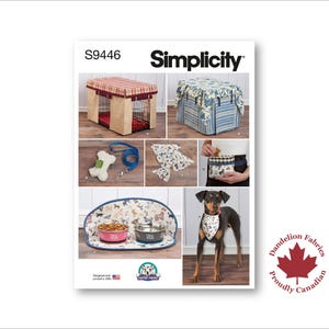 May include: Simplicity pattern S9446 showcasing dog accessories. Includes a dog crate cover, dog bed, leash, bandana, food mat, and a dog wearing a bandana. The pattern is designed and printed in the USA.