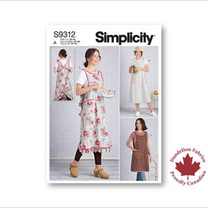 May include: Simplicity sewing pattern S9312 showing apron designs. The aprons are displayed in various styles, with floral and plain fabric choices. The image includes the Simplicity logo and the "Dandelion Fabrics Proudly Canadian" logo.
