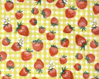 Strawberries Yellow Gingham Print- Cotton Quilting Fabric
