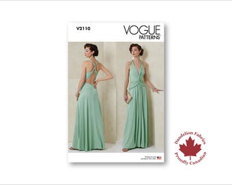 Draped Halter Gown- Vogue Pattern- Plunging v-neckline, twist front, crisscross open back, hipline yoke, floor length- Sizes 8-26- V2110