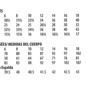 May include: A white chart with black text detailing body measurements for sizes 6-22. Measurements include bust, waist, hip, and back waist length in inches. Also includes the same measurements in centimeters.