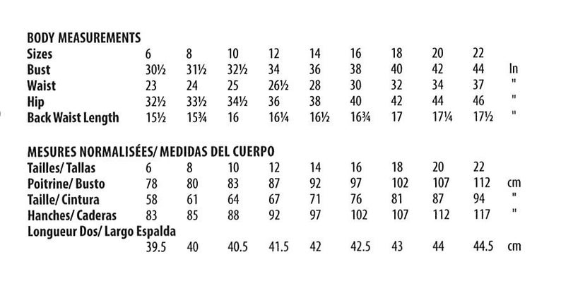 May include: A white chart with black text detailing body measurements for sizes 6-22. Measurements include bust, waist, hip, and back waist length in inches. Also includes the same measurements in centimeters.
