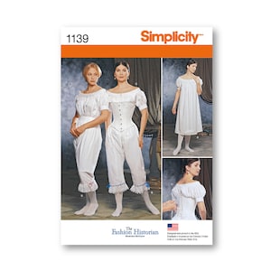 May include: Simplicity sewing pattern number 1139, The Fashion Historian, for a white dress, blouse, and pants. The pattern includes instructions for making a Victorian-era outfit.