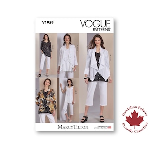Peut inclure: Patron de couture Vogue Patterns V1959 présentant des modèles de vêtements pour femmes. Le patron comprend divers hauts et pantalons, avec un fond blanc et le logo Vogue Patterns. L'image comprend également le texte "Marcy Tilton" et un logo du drapeau canadien.