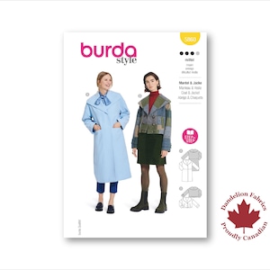 May include: A Burda Style sewing pattern showing a light blue coat and a patchwork jacket. The pattern includes instructions for a coat, jacket, and other garments. The image also includes the text "Dandelion Fabrics" and "Proudly Canadian."