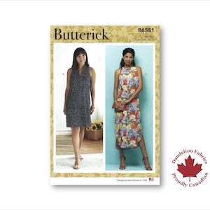 May include: Butterick sewing pattern B6551 showing two dress designs. One is a sleeveless, knee-length dress with a polka dot pattern. The other is a floral print, ankle-length dress. The pattern is designed and printed in the USA.