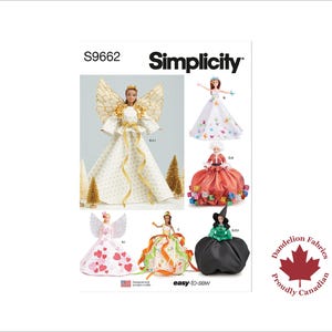 Puede incluir: Patrón de costura Simplicity S9662 con diseños de vestidos de muñecas. La portada muestra varios vestidos de muñecas, incluidos disfraces de ángel, Papá Noel y bruja. El patrón está diseñado e impreso en EE. UU.