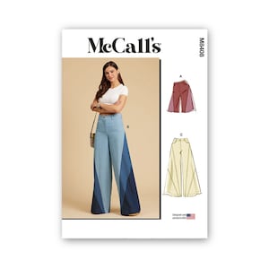 Puede incluir: Patrón de costura McCall's M6408 para pantalones de pierna ancha con un diseño de bloques de color. El patrón incluye tres variaciones: un par rojo, un par azul y un par amarillo.