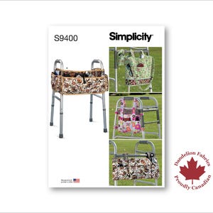 May include: Simplicity pattern S9400 for walker bags. The image shows a walker with a floral patterned bag attached. Additional images show different bag designs. The Simplicity logo and "Designed and Printed in USA" text are visible.