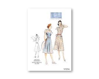 May include: Vintage Vogue sewing pattern for a dress with a floral print. The pattern is from 1939 and has a V9294 number.