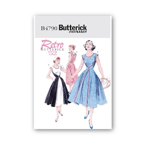 May include: A vintage sewing pattern for a dress, featuring three women wearing different styles of dresses. The pattern is labelled "B4790 Butterick Fast & Easy Retro Butterick '52".