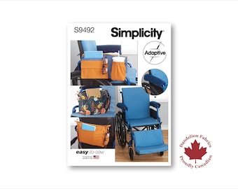 May include: A Simplicity sewing pattern for adaptive wheelchair accessories. The image shows various orange and floral print storage bags, a cup holder, and a blue wheelchair. The text "easy-to-sew" is visible.
