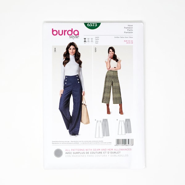 Sailor Trouser Pattern- Burda Pattern- Wide legged sailor trousers, high-waisted, button front, pocket variation- Sizes 6-18- 6573