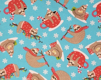 Christmas Sloth Cotton Fabric- 100% Cotton Plain Weave- Printed Quilting Cotton- Broadcloth