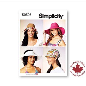 May include: Simplicity S9505 sewing pattern showing four hat designs. The hats include a wide-brimmed sun hat, a floppy hat, a visor, and a cap. The pattern is designed and printed in the USA.