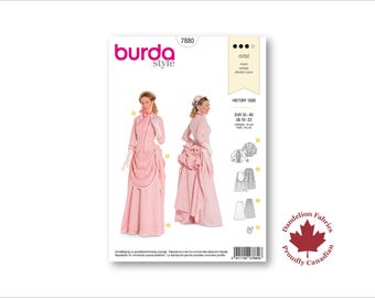 1880s Bustle Dress- Burda Pattern- Princess seam bodice, underskirt, bustled over skirt, and bustle- Sizes 10-22- Burda 7880