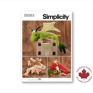 May include: Simplicity pattern S9363 showing instructions for making plush dragons. The image displays a green dragon on a wooden castle, a white dragon, and a red dragon. The Dandelion Fabrics logo is in the lower right corner.