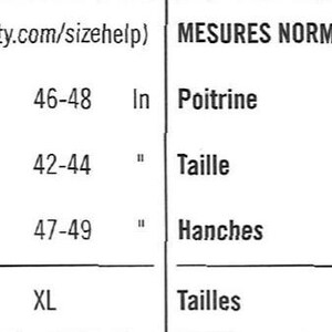 May include: A black and white chart displaying body measurements in inches and centimetres. The chart details bust/chest, waist, and hip measurements, with sizes ranging from XS to XL. The text "BODY MEASUREMENTS" is at the top.