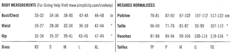 May include: A black and white chart displaying body measurements in inches and centimetres. The chart details bust/chest, waist, and hip measurements, with sizes ranging from XS to XL. The text "BODY MEASUREMENTS" is at the top.