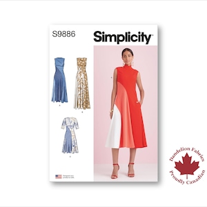 May include: Simplicity sewing pattern S9886 featuring dress designs. The pattern includes illustrations of various dress styles, including a colour-blocked midi dress and other options. The cover also displays a woman wearing a red, white, and coral dress.