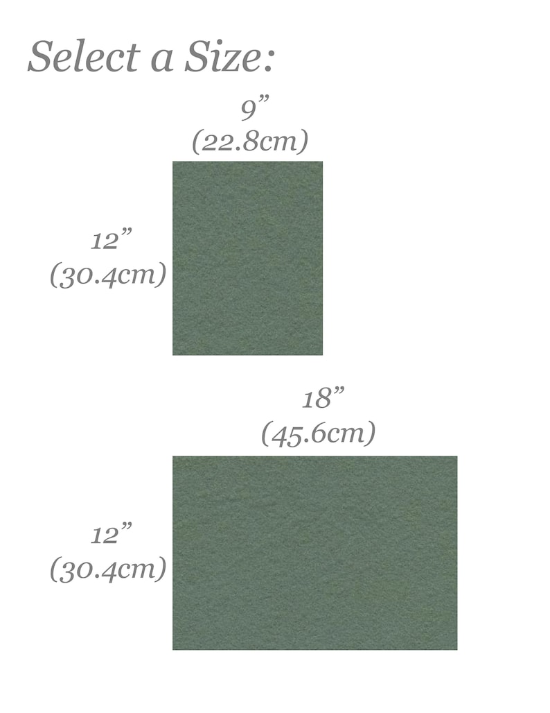 May include: Select a Size: 9 inches (22.8 cm), 12 inches (30.4 cm), 18 inches (45.6 cm). Two green fabric squares with different dimensions.