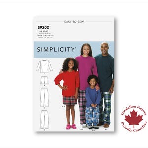 Family Pajama Set- Simplicity Pattern- Pajama pants or shorts with pockets, and long sleeve tops- Sizes S-XL- S9202