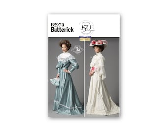 Patrón de vestido eduardiano - Butterick - Escote alto, corpiño abullonado, mangas largas, falda larga de seis paneles con cola - Tallas 8-24 - B5970
