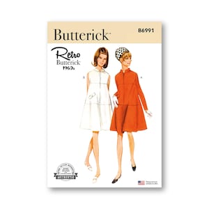 1960s Swing Dress- Retro Butterick 1960s- Paneled swing dress with stand collar, zipper front, and faux welt pocket- Sizes- 8-26- B6991