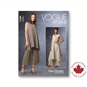 May include: Vogue Patterns sewing pattern V1550. The cover shows a sleeveless top and wide-leg trousers in neutral tones. The pattern includes the text "Paco Peralta Barcelona" and a "Dandelion Fabrics" logo. The pattern is for a sleeveless top and wide-leg trousers.